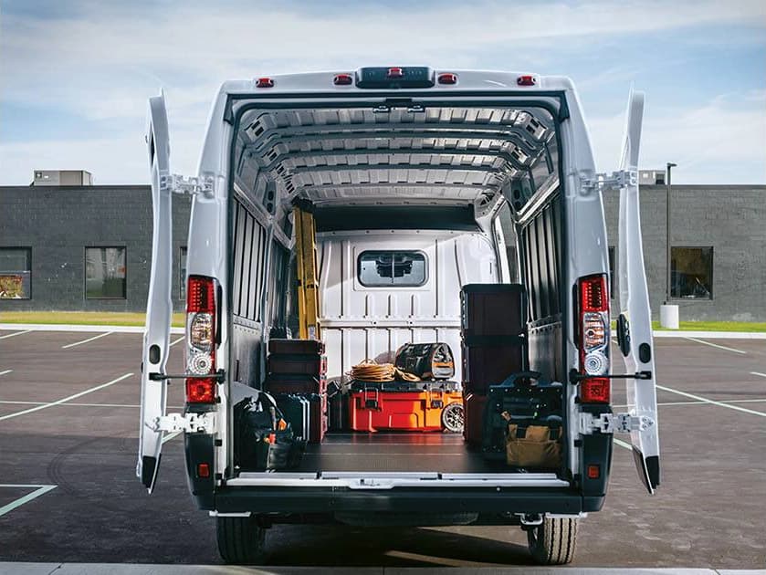 RAM ProMaster EV rear cargo area interior with 520 cubic feet storage space