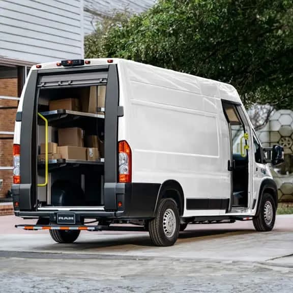 2024 RAM ProMaster EV rear view showing cargo doors and commercial electric van design
